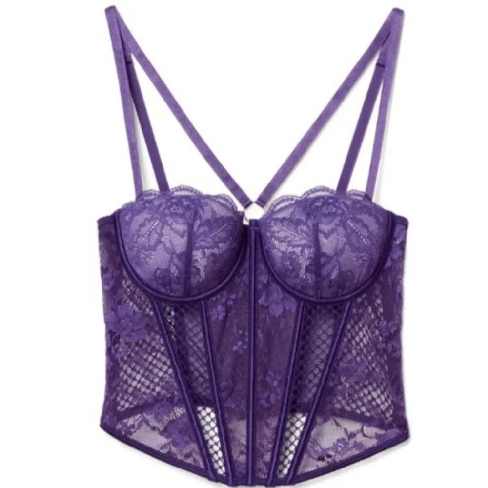 Adore Me Purple Lace Corset Bustier 36B Underwire Sheer Mesh Lingerie Top NWT